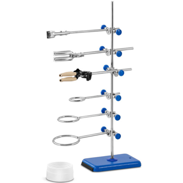 Statyw stojak laboratoryjny z wyposażeniem 60 cm 1 zacisk biurety 2 zaciski 3 pierścienie 60 mm 80 mm 100 mm 1 10030756 1