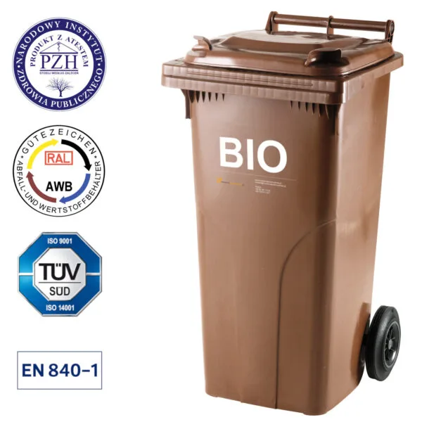 Pojemnik kubeł na BIO odpady i śmieci spożywcze ATESTY Europlast Austria - brązowy 120L 1 1004870 pojemnik kubel na bio odpady i smieci spozywcze atesty europlast austria brazowy 120 naklejka