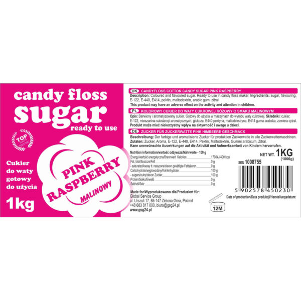 Kolorowy cukier do waty cukrowej różowy o smaku malinowym 1kg 2 1008755 5902578450230 kolorowy cukier do waty cukrowej candy floss sugar producent hurtownia