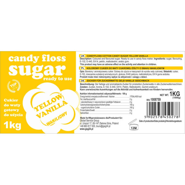 Kolorowy cukier do waty cukrowej żółty o smaku waniliowym 1kg 2 1008759 5902578450278 kolorowy cukier do waty cukrowej candy floss sugar producent hurtownia