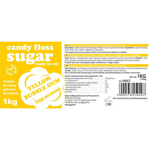 Kolorowy cukier do waty cukrowej żółty o smaku gumy balonowej 1kg 1 1008872 kolorowy cukier do waty cukrowej zolty o smaku gumy balonowej 1kg hurtownia producent