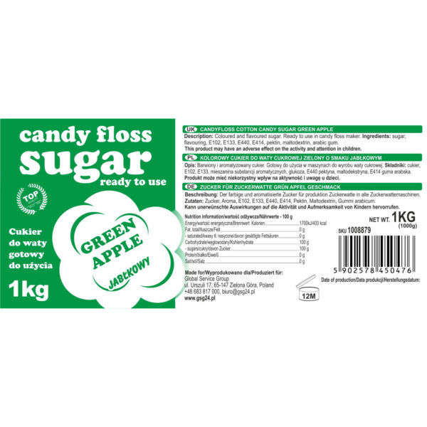 Kolorowy cukier do waty cukrowej zielony o smaku jabłkowym 1kg 1 1008879 smakowy kolorowy cukier do waty cukrowej zielony o smaku jablkowym 1kg hurtownia producent
