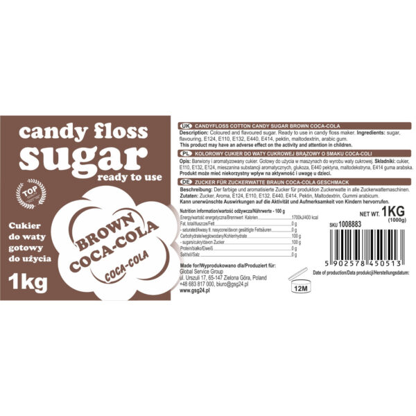 1008883 kolorowy smakowy cukier do waty cukrowej brazowy o smaku coca coli 1kg hurtownia producent