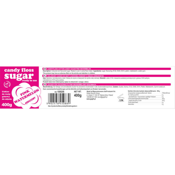 Kolorowy cukier do waty cukrowej różowy o smaku arbuzowym 400g 1 1009206 1 etykieta cukier do waty cukrowej rozowy o smaku arbuzowym 400g producent hurtownia