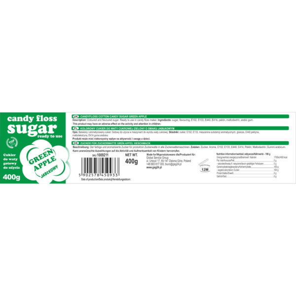 Kolorowy cukier do waty cukrowej zielony o smaku jabłkowym 400g 1 1009211 1 etykieta cukier do waty cukrowej zielony o smaku jablkowym 400g producent hurtownia