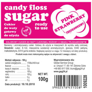 Kolorowy cukier do waty cukrowej różowy o smaku truskawkowym - saszetka 100g 1 Kolorowy cukier do waty cukrowej różowy o smaku truskawkowym - saszetka 100g - obrazek 1