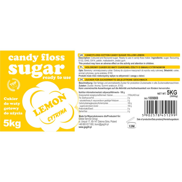 Kolorowy smakowy cukier do waty cukrowej żółty o smaku cytrynowym 5kg 2 1009869
