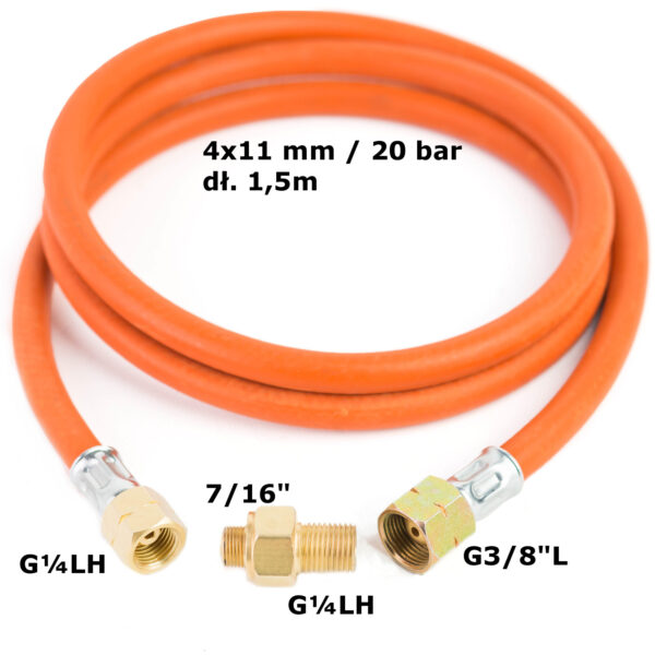 Podłączenie redukcja do butli gazowej turystycznej G 3/8"" L - 7/16"" wąż 1,5m 1 1013838 1 meva u4754 b podlaczenie redukcja butli 3 8 kartusz 7 16