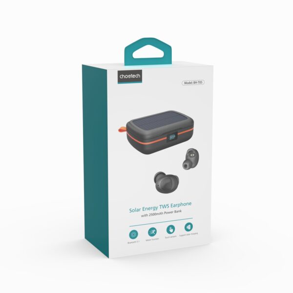 Słuchawki bezprzewodowe TWS wodoodporne z ładowarką solarną i powerbankiem 2500mAh czarny 4 1016712 5 sluchawki bezprzewodowe tws wodoodporne choetech hurtownia sklep