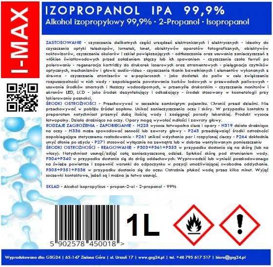 Alkohol izopropylowy Izopropanol IPA I-MAX 99,9% 1L 1 141000101