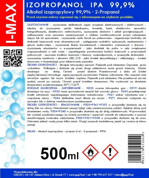 Alkohol izopropylowy Izopropanol IPA I-MAX 99,9% Spray 500ML 2 141000801 ipa izopropanol isopropanol alkohol izopropylowy 2 propanol w aerozolu spray 500ml