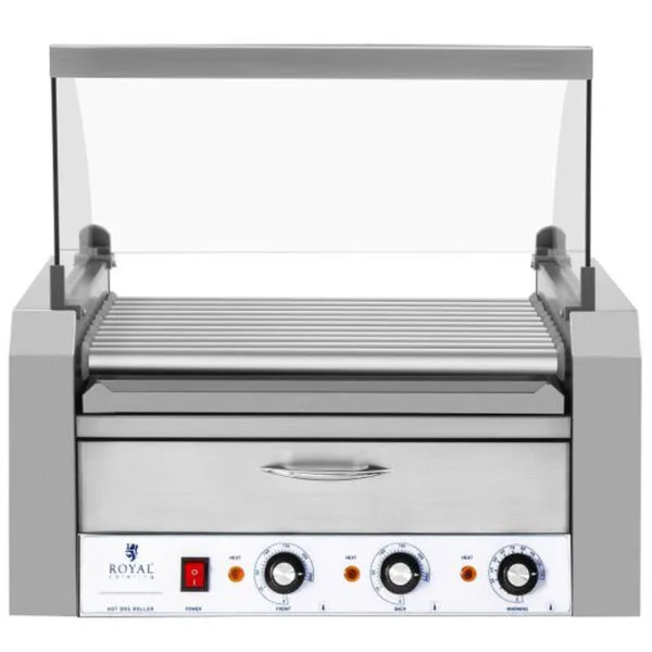 Roller grill rolkowy z osłoną i szufladą grzewczą do bułek 20 parówek HotDog 2600W 230V Royal Catering 1 1467 2