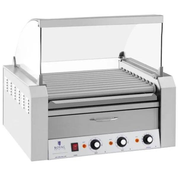 Roller grill rolkowy z osłoną i szufladą grzewczą do bułek 20 parówek HotDog 2600W 230V Royal Catering 3 1467