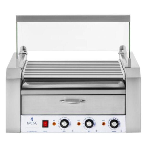 Roller grill rolkowy z osłoną i szufladą grzewczą do bułek 16 parówek HotDog 2200W 230V Royal Catering 1 1468 2