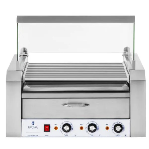 Roller grill rolkowy z osłoną i szufladą grzewczą do bułek 16 parówek HotDog 2200W 230V Royal Catering 1 1468 2