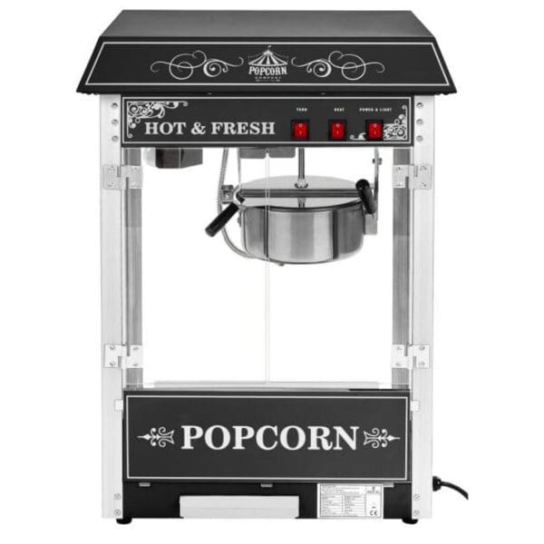 Profesjonalna wydajna maszyna do popcornu mobilna na wózku 230V 1.6kW czarna 7 1536 3