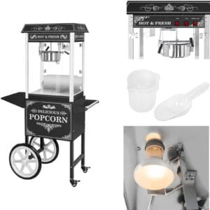 Profesjonalna wydajna maszyna do popcornu mobilna na wózku 230V 1.6kW czarna 11 Profesjonalna wydajna maszyna do popcornu mobilna na wózku 230V 1.6kW czarna - obrazek 1