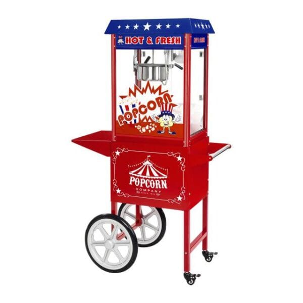 Mobilna maszyna do popcornu z wózkiem na kółkach TEFLON 1600W 1 1538 mobilna maszyna do popcornu z wozkiem na kolkach 1600w hurtownia sklep cena tanio