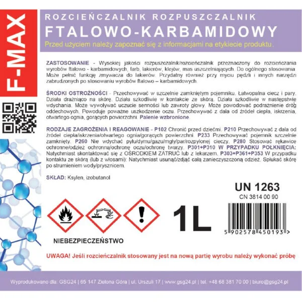 Rozcieńczalnik ftalowo-karbamidowy do farb i lakierów F-MAX 1L 1 f max 1l rozcienczalnik ftalowo karbamidowy do farb i lakierow f max 1l