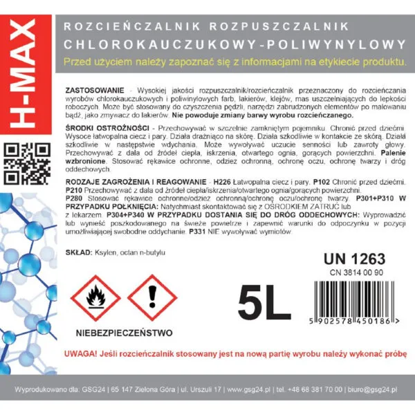 Rozcieńczalnik chlorokauczukowy poliwynylowy do farb i lakierów H-MAX 5L 1 h max 5l 2