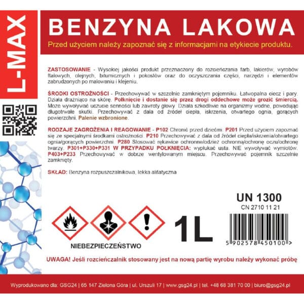 Benzyna lakowa rozcieńczalnik rozpuszczalnik do farb i lakierów L-MAX 1L 1 l max 1l benzyna lakowa rozcienczalnik rozpuszczalnik do farb i lakierow l max 1l