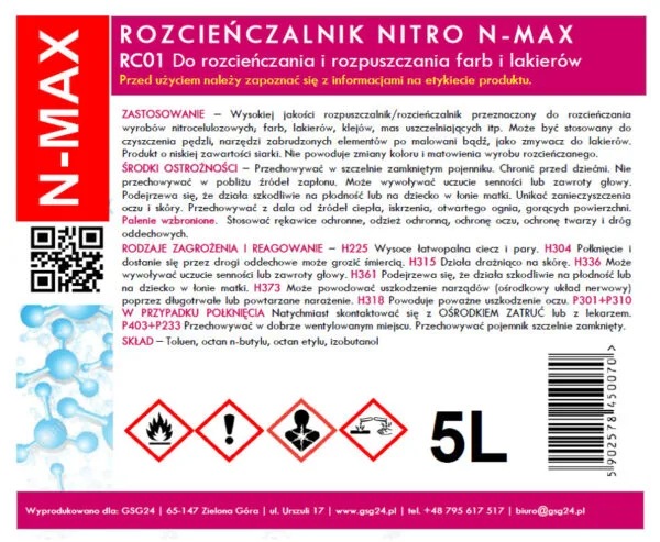 Rozcieńczalnik rozpuszczalnik NITRO RC-01 N-MAX 5L 1 rozcienczalnik rozpuszczalnik nitro producent
